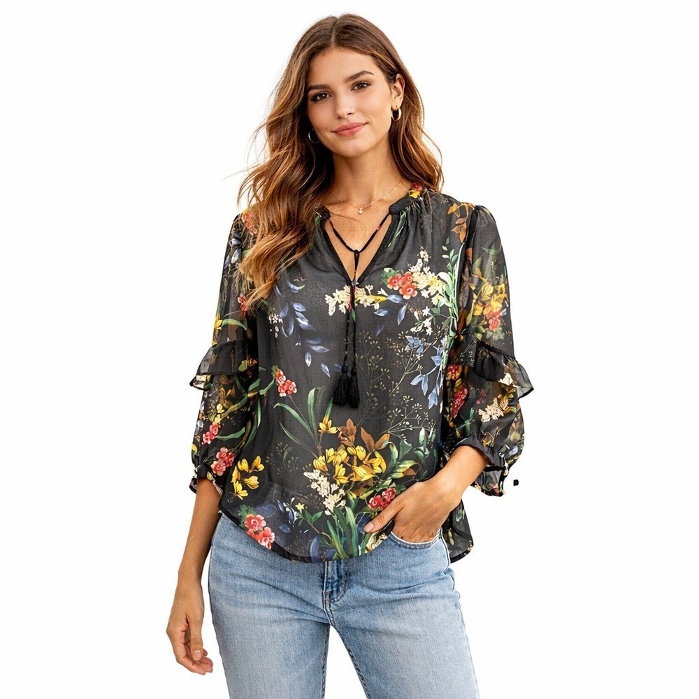 Sheer Black Floral Boho Peasant Blouse Chico's Size 1 Medium 3/4 Sleeve‎